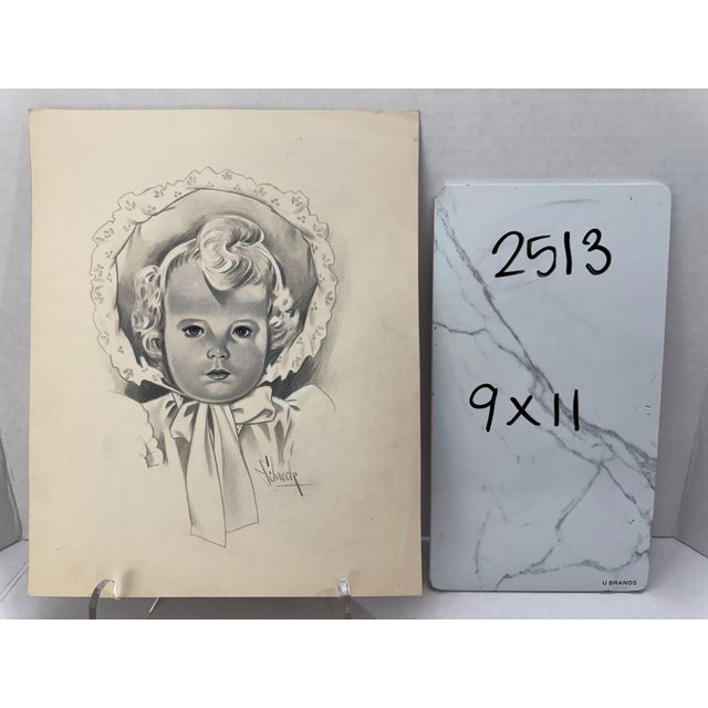1940s Original Signed Graphite Illustration of Young Child in Bonnet, 11 × 9 In. For Sale In Atlanta - Image 6 of 6
