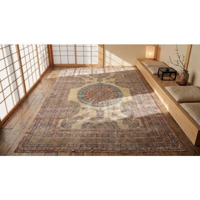 Amazing Tan-Ecru Background Color Medallion Design Antique Persian Kirman Laver Rug For Sale - Image 14 of 15