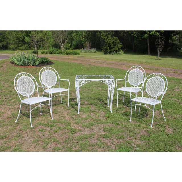 Wrought Iron Patio Set—Four Armchairs and a Table With a Glass Top For Sale - Image 18 of 18