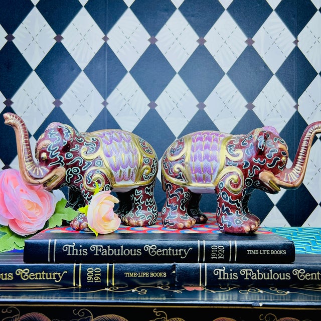 1980's Pair Decorative Ceramic Elephant Figurines in Burgundy, Pink & Gold Chinoiserie, Export Marks For Sale - Image 4 of 16