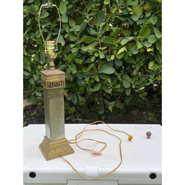 Metal Vintage Greek Key Geometric Brass Table Lamp With Linen Shade For Sale - Image 7 of 12