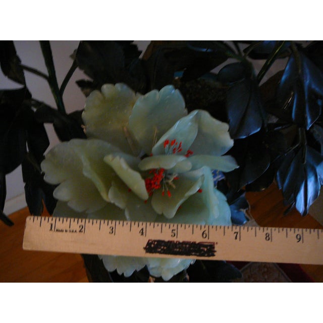 Metal Life-Size Jade Carnelian Quartz Tree in Cloisonne Pot - 12 Flowers For Sale - Image 7 of 9