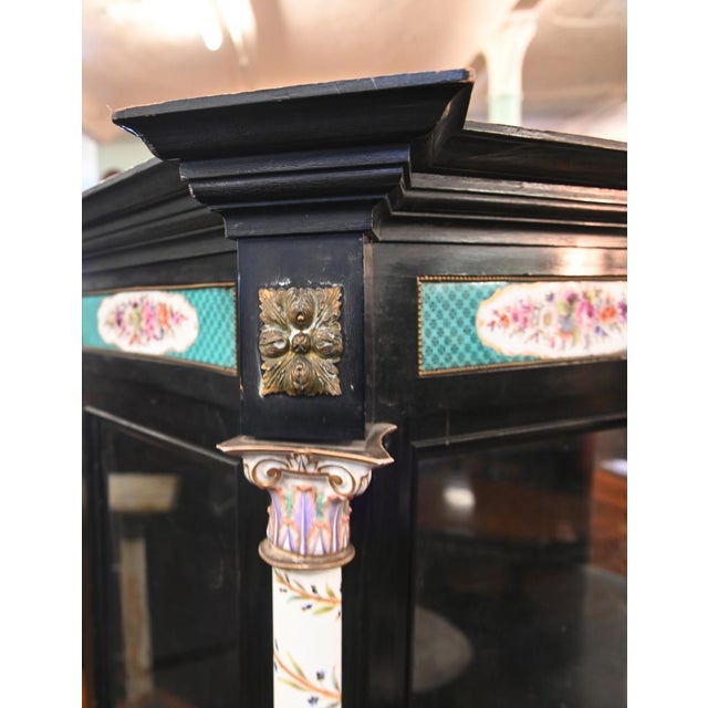 19th Century Victorian Ebonized Display Cabinet Painted Porcelain, 1840 For Sale - Image 5 of 7