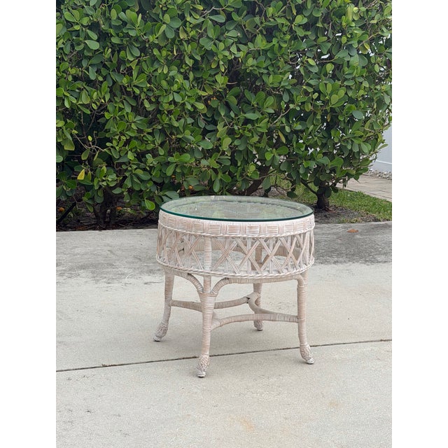 Henry Link Vintage Whitewashed Rattan Petite Center Table With Thick Glass Top For Sale - Image 4 of 10