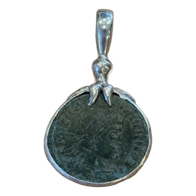 Antique Roman Coin Pendant W Delicate Silver Leaves at Bale For Sale