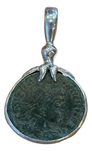 Antique Roman Coin Pendant W Delicate Silver Leaves at Bale