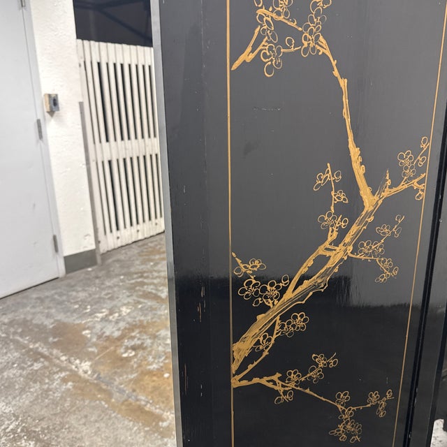 Black Chinoiserie Black Lacquer Four-Panel Folding Screen, Vintage For Sale - Image 8 of 12