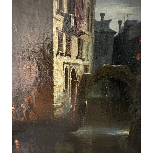 French 19th Century European Style Venetian Canal at Night Painting Attributed to Anatole Dauvergne (French, 1812 - 1870)− Framed For Sale - Image 3 of 5