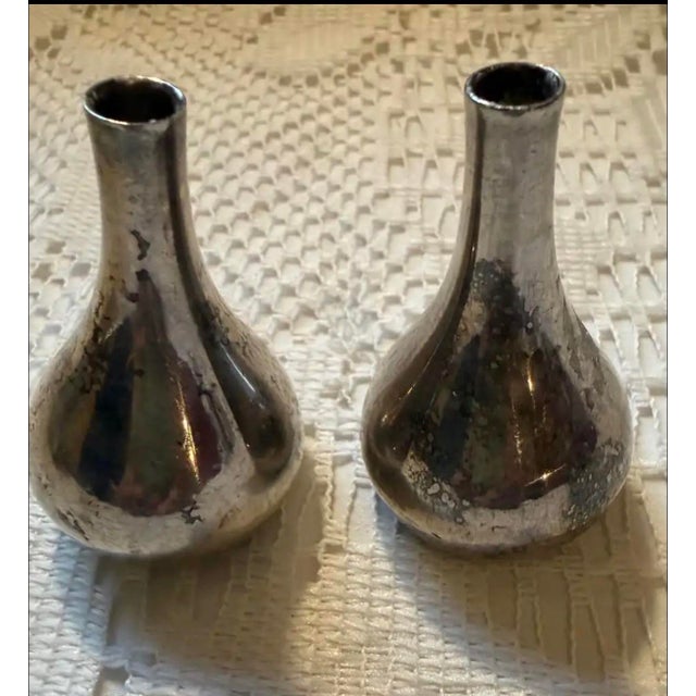 Metal Vintage Candle Holders: 2 Large Majolica Stands, 2 Dansk Silverplated, 2 Jeanette, & 2 Mini Flower Vases With Vintage Marbles For Sale - Image 7 of 9