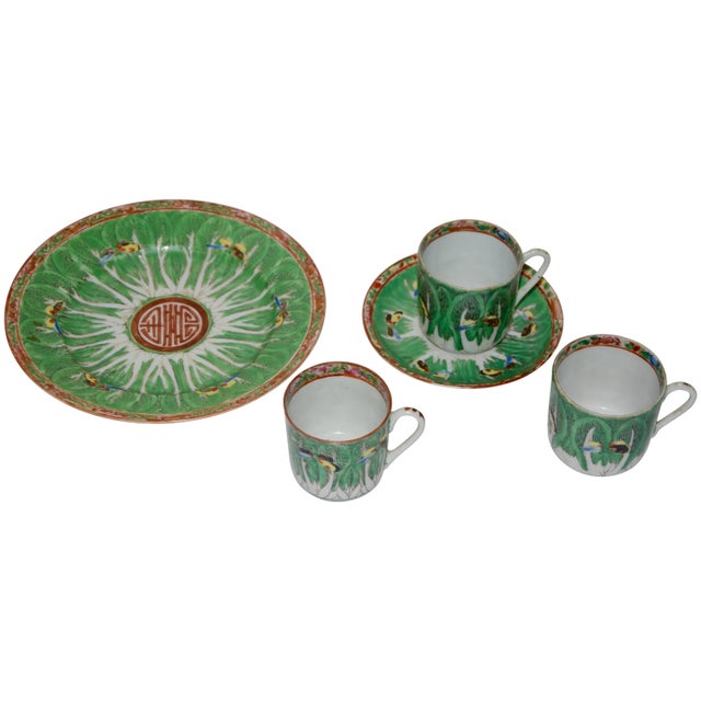 Famille Verte Set of Porcelain Cabbage and Butterfly Pattern Cups and Plates For Sale - Image 11 of 11