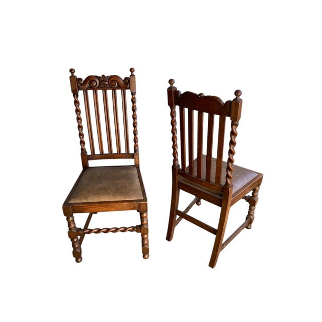 1900 - 1909 Antique Barley Twist Dining Chairs in Oak, 1900, Set of 2 For Sale - Image 5 of 11
