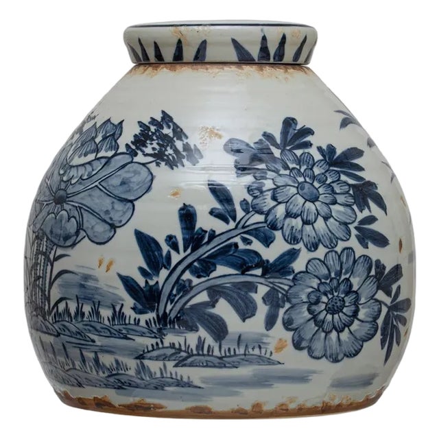 Decorative Blue & White Stoneware Ginger Jar For Sale