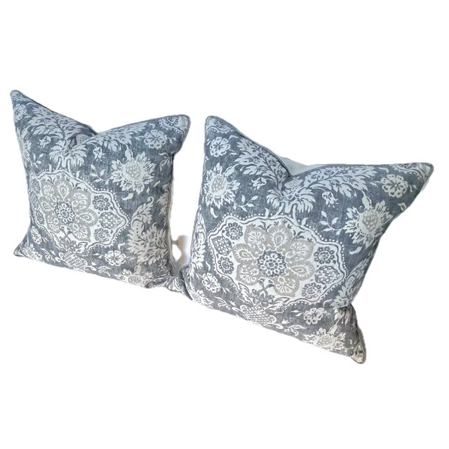 Pair of vintage abstract floral damask pattern grey and off-white pillow. Off-white on the reverse side. Down filled with...