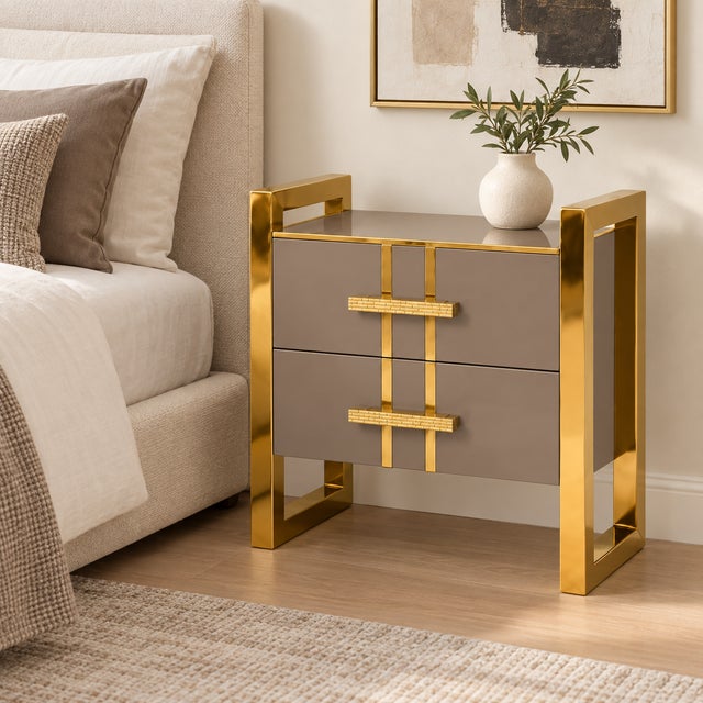 Taupe Glass Two-Drawer Nightstands with Architectural Brass Frames from Justfurnituress SRL, Set of 2 For Sale - Image 9 of 10