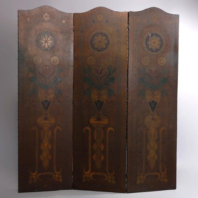 Arts & Crafts Tooled Leather Three Panel Screen 20thC For Sale - Image 4 of 6