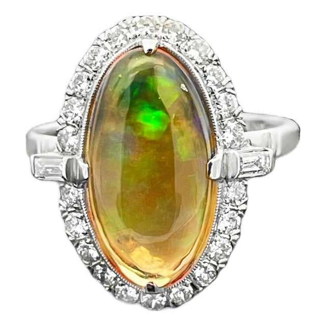 Platinum Oval Fire Opal Ring With Diamond Halo, Size 7 For Sale