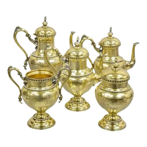 Mid 20th Century Meriden Victorian Gold Plated Ornate Tea Set With "Ppw" Monogram - 5 Pieces