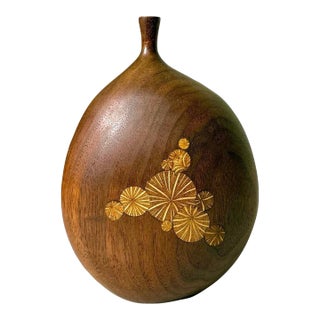 Mid Century Modern Roger Sloan Turned Walnut Inlaid Weed Pot Twig Vase, Circa 1970s For Sale