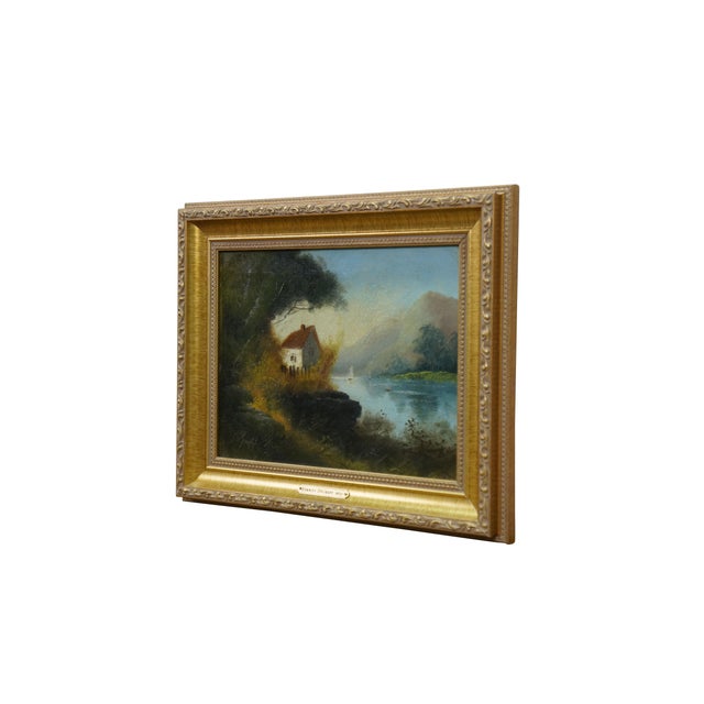 Antique Stanley De Graff oil painting on canvas featuring a cottage lake house scene with sailboats / boats, mountains and...