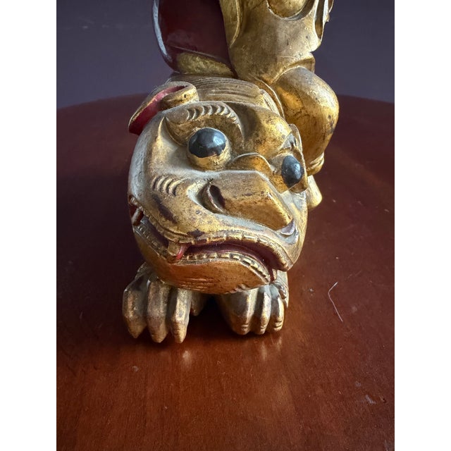 Chinese Carved Wooden Quan Yin or Ancestor Figure on Foo Dog Incense Holder. Beautiful Carving Sang De Bouef Undertones With Gold Overlay. For Sale - Image 9 of 10
