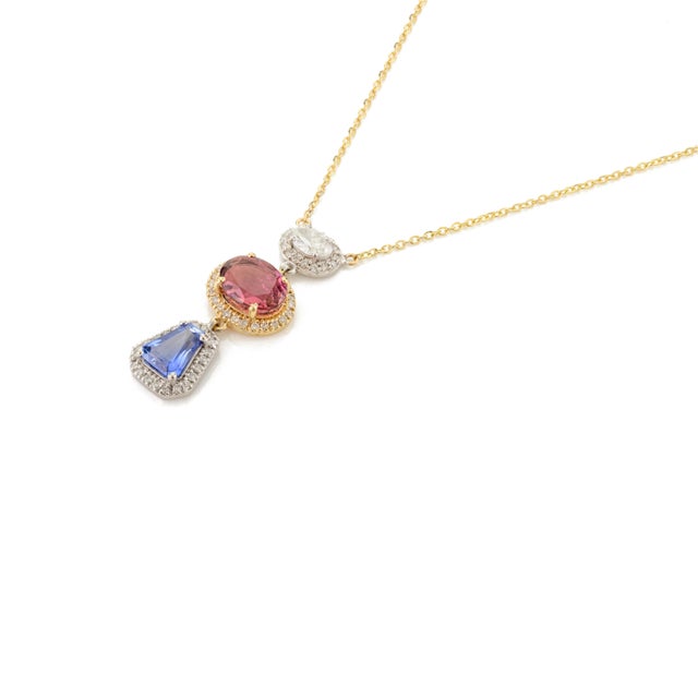 Multi Sapphire & Diamond Charm 18k Gold Chain Pendant Necklace For Sale - Image 4 of 10
