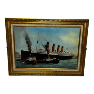 Large British Oil Painting Tugboats Egerton and Wellington Docking the RMS Mauretania Ship at Liverpool Dock