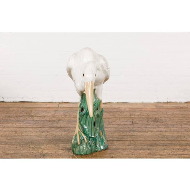 Vintage White and Cream Glazed Ceramic Heron Bird Sculpture For Sale - Image 10 of 13
