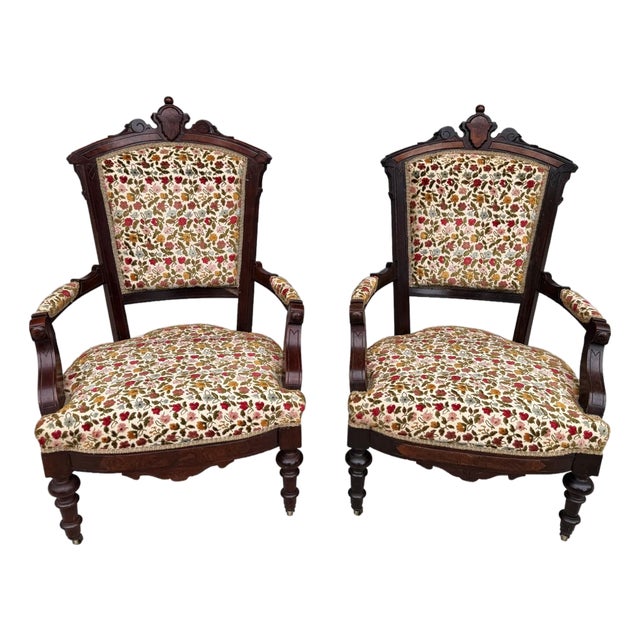 Pair of Antique Eastlake Walnut Parlor Chairs With Floral Upholstery For Sale