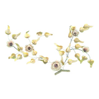 Vintage Porcelain Brass Floral Rose Leaf Gold Pink Jere Style Wall Hanging Sculpture Art For Sale