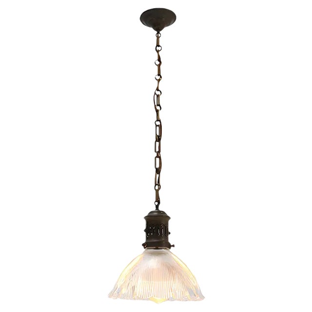 Art Deco Holophane Glass Ceiling Pendant Lamp For Sale