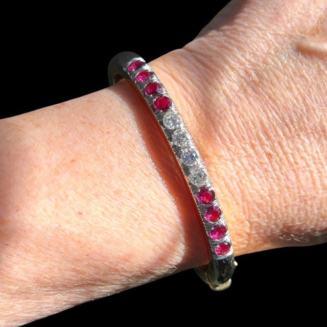Metal Vintage 14k Gold Ruby and Diamond Hinged Bangle Bracelet For Sale - Image 7 of 7