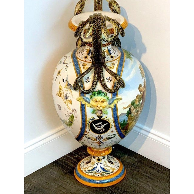 Ginori Majolica Allegorical Serpent Handled Vase | Chairish