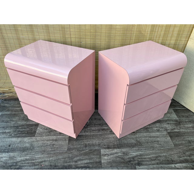 A Pair of Custom Made Postmodern Pink Waterfall Formica Nightstands. Circa 1980s For Sale - Image 12 of 18