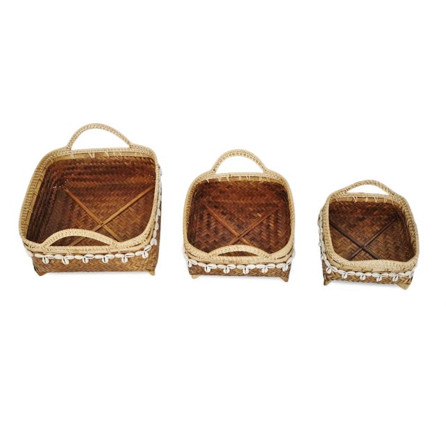 Wood Vintage Coastal Bamboo & Cowry Basket Medium For Sale - Image 7 of 9