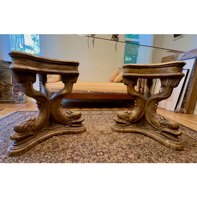 Hollywood Regency Vintage Carved Plaster Dolphin Table Bases (Pair) With Beveled Glass Top For Sale - Image 3 of 8