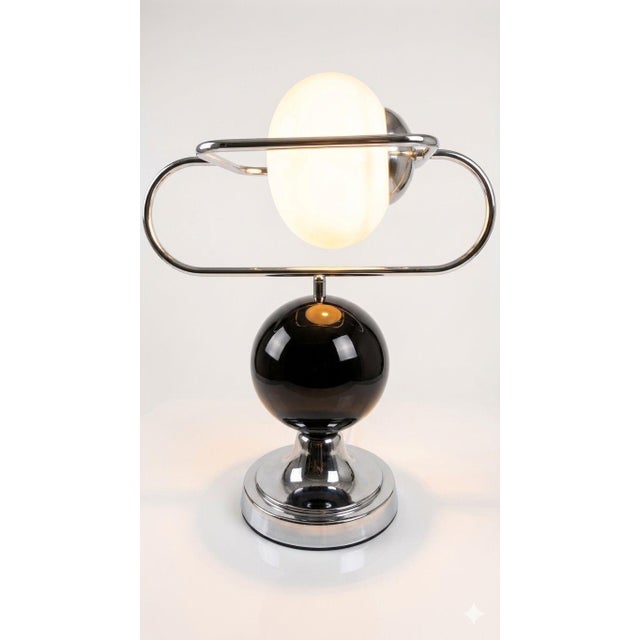 Space Age Style Table Lamp in Chrome, Opaline Glass and Black Sphere, 1970s, in Very Good conditions. Designed 1970 to...