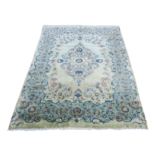 Large Mid-Century Pistachio Green Kashan Rug, 1960s For Sale