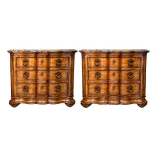 1980 French Louis XV Style Marble Top 3-Drawer Serpentine Nightstands / Commodes by Thomasville - Pair For Sale