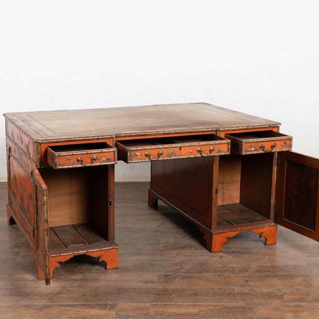 19th Century Victorian Red Chinoiserie Faux Bamboo English Partners Desk For Sale - Image 14 of 14