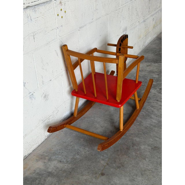 Mid-Century Modern Pine Rocking Horse Toy With Red Seat Danish Mid-Century Modern 1960s For Sale - Image 3 of 10