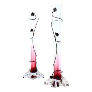 Glass Vases with Silver Wire Surrounding and Flower Applications, Set of 2 For Sale