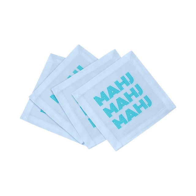 2020s Mahj Mahj Mahj Blue Mahjong Cotton Sateen Cocktail Napkins, Set of 4 For Sale - Image 5 of 5