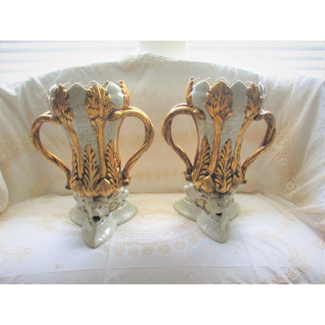 This is a Pair of Spectacular! Vintage Italian Ceramic Grey and Gold Vases with Gold Leaves on a Very Light Veined Grey...