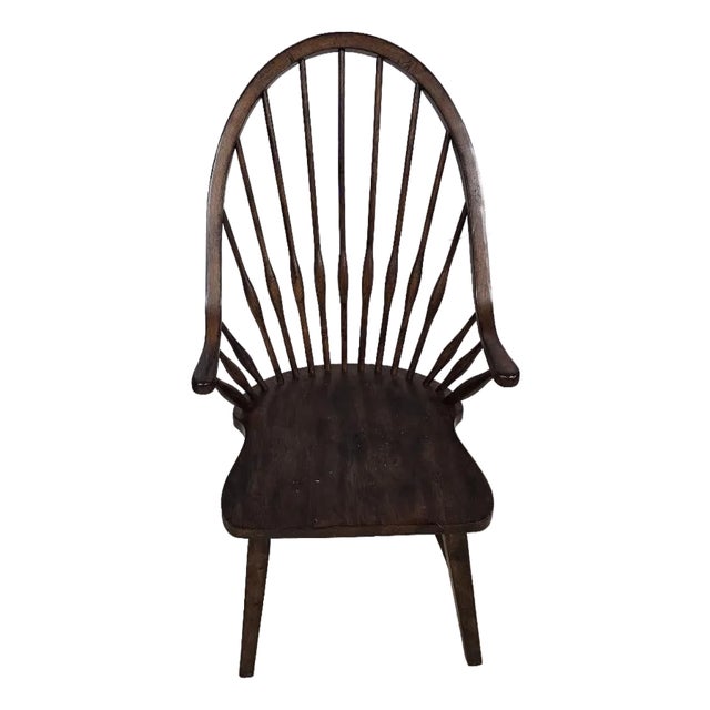 Vintage Solid Wood Windsor Bow Back Armchair in Dark Oak Finish For Sale