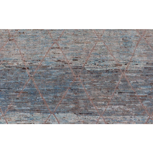 Blue Modern Tribal Rug in Wool With Sub-Geometric Design in Blue Tan & Ivory For Sale - Image 8 of 12