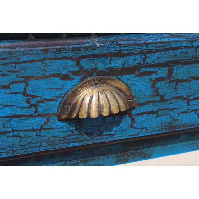 Late 20th Century Spanish Revival Console Table | Hand-Painted Distressed Blue Accent Table | Barley Twist Legs | Two Drawer Sofa Table For Sale - Image 16 of 16