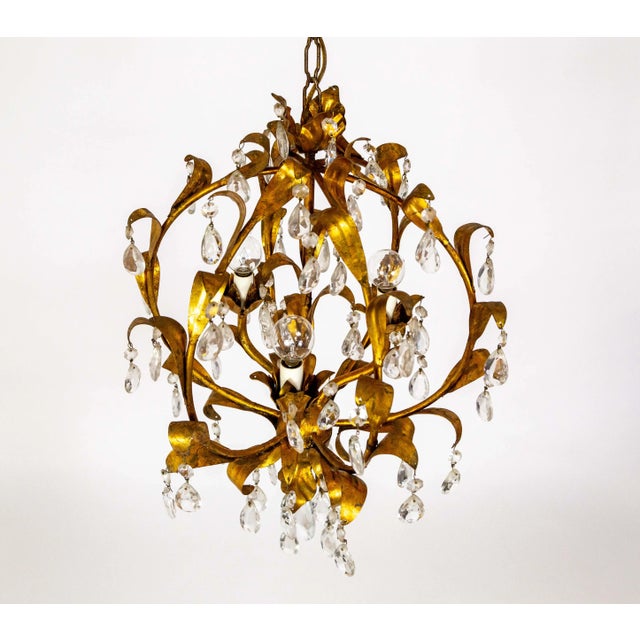 Mid Century Spherical Gilt Leaves & Crystal Chandelier For Sale In San Francisco - Image 6 of 12