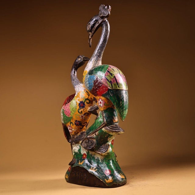 Asian Late 19th Century Cloisonné Enamel Double Crane Figurine, 3100g, Gilt Bronze For Sale - Image 3 of 9