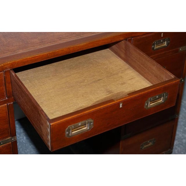 Military Campaign Twin Pedestal Desk with Leather Top For Sale - Image 11 of 16