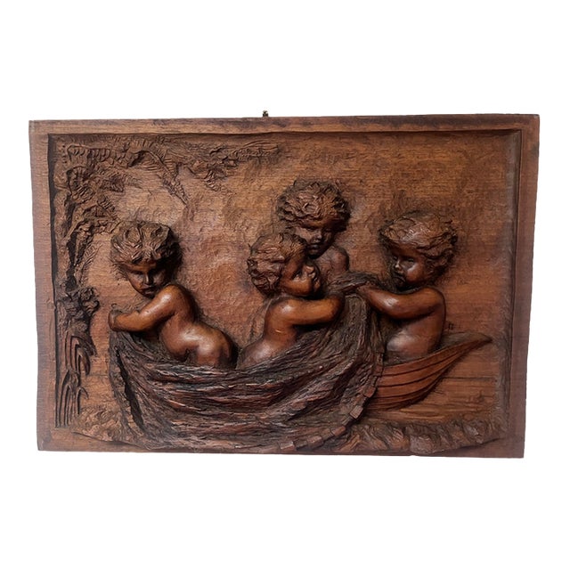 19th C. Continental Hand-Carved High Relief Putti & Boat Wood Wall Panel For Sale